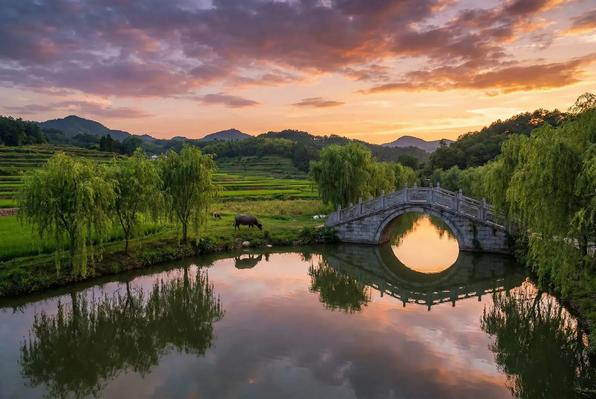 夕阳下的石拱桥与垂柳，水牛在河边吃草 - 龙之谷 剑圣 乡村美景